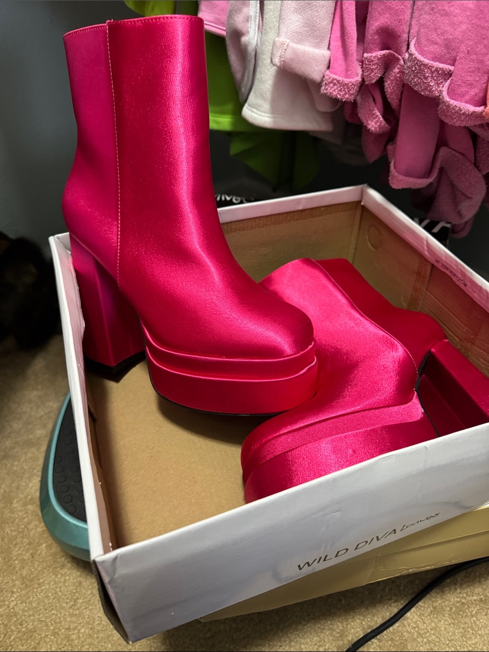 Wild Diva Hot Pink Satin Platform Ankle Boots